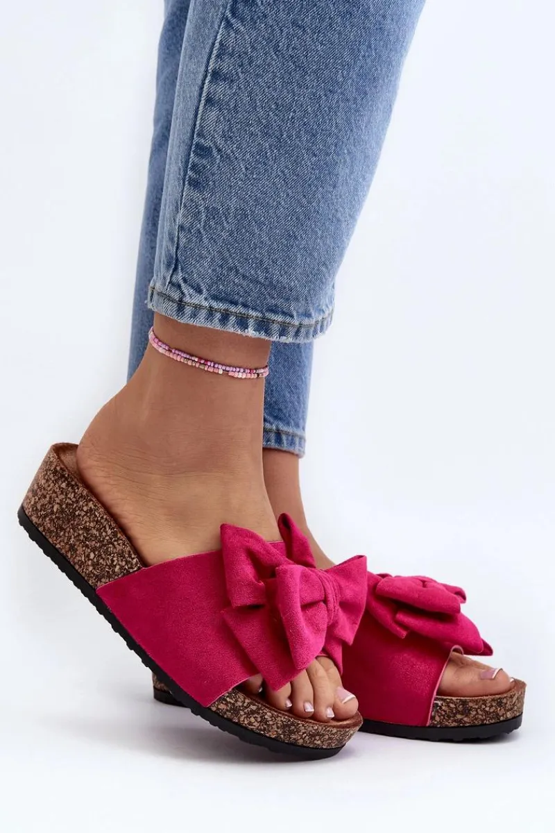 New Boto Damskie Klapki Na Korkowej Platformie Z Kokardą Fuksja Tarena