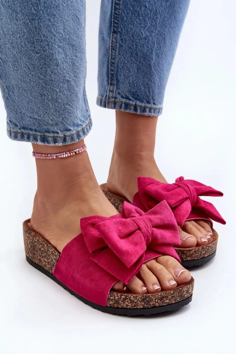 New Boto Damskie Klapki Na Korkowej Platformie Z Kokardą Fuksja Tarena
