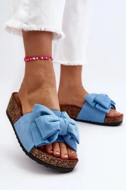 Discount Damskie Klapki Na Korkowej Platformie Z Kokardą Niebieskie Tarena Damskie Klapki Damskie Klasyczne|Klapki Korkowe