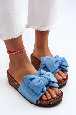 Discount Damskie Klapki Na Korkowej Platformie Z Kokardą Niebieskie Tarena Damskie Klapki Damskie Klasyczne|Klapki Korkowe