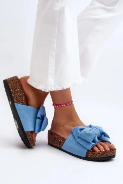 Discount Damskie Klapki Na Korkowej Platformie Z Kokardą Niebieskie Tarena Damskie Klapki Damskie Klasyczne|Klapki Korkowe