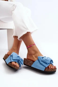 Discount Damskie Klapki Na Korkowej Platformie Z Kokardą Niebieskie Tarena Damskie Klapki Damskie Klasyczne|Klapki Korkowe