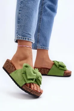 Sale Damskie Klapki Na Korkowej Platformie Z Kokardą Zielone Tarena Damskie Klapki Korkowe|Klapki Damskie Klasyczne