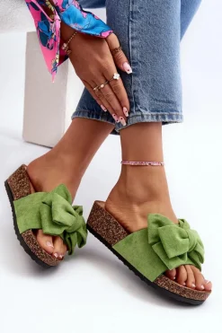 Sale Damskie Klapki Na Korkowej Platformie Z Kokardą Zielone Tarena Damskie Klapki Korkowe|Klapki Damskie Klasyczne