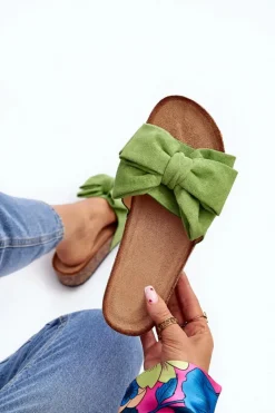 Sale Damskie Klapki Na Korkowej Platformie Z Kokardą Zielone Tarena Damskie Klapki Korkowe|Klapki Damskie Klasyczne