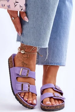 Outlet Damskie Klapki Na Korkowej Platformie Z Paskami Fioletowe Doretta Damskie Klapki Korkowe|Klapki Na Platformie