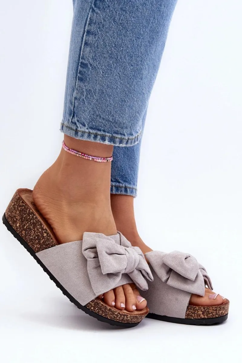 Klapki Korkowe|Klapki Damskie Klasyczne>Boto Damskie Klapki Na Korkowej Platformie Z Kokardą Szare Tarena