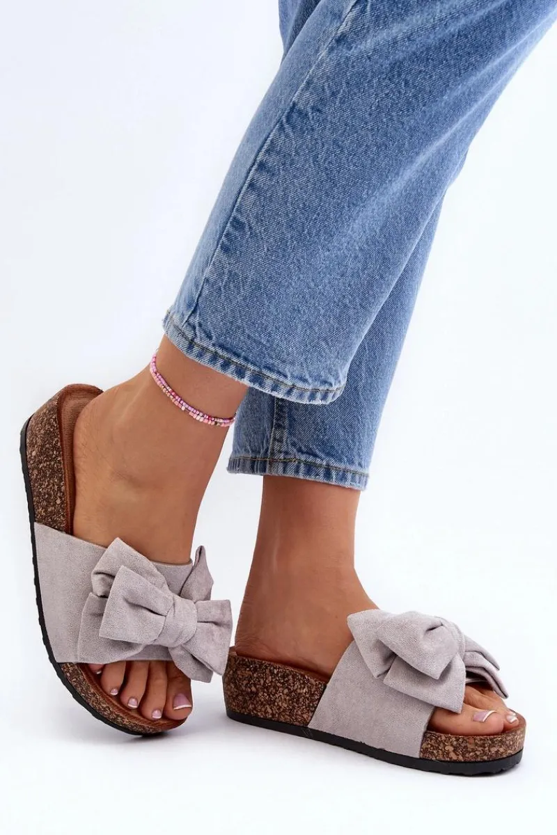 Klapki Korkowe|Klapki Damskie Klasyczne>Boto Damskie Klapki Na Korkowej Platformie Z Kokardą Szare Tarena