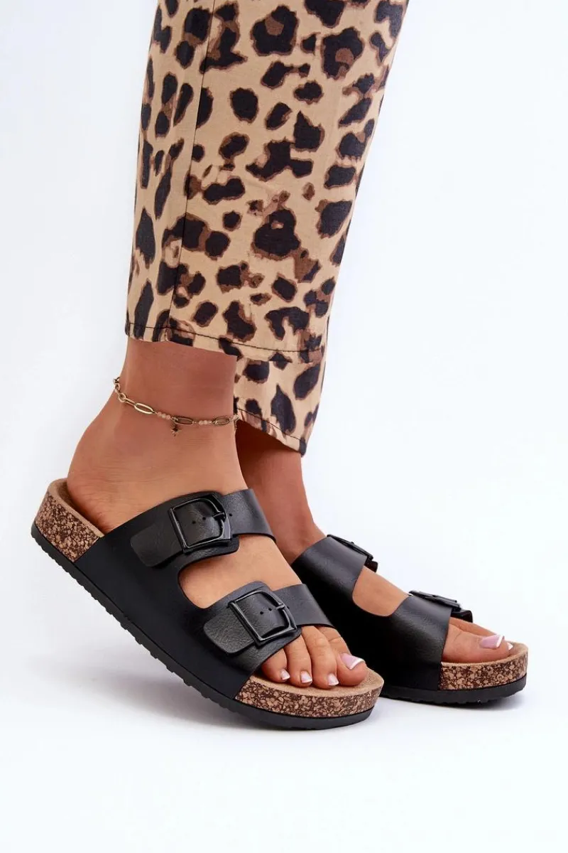 Hot Damskie Klapki Na Korkowej Platformie Z Klamrami Czarne Klinesta Damskie Klapki Korkowe|Klapki Na Platformie