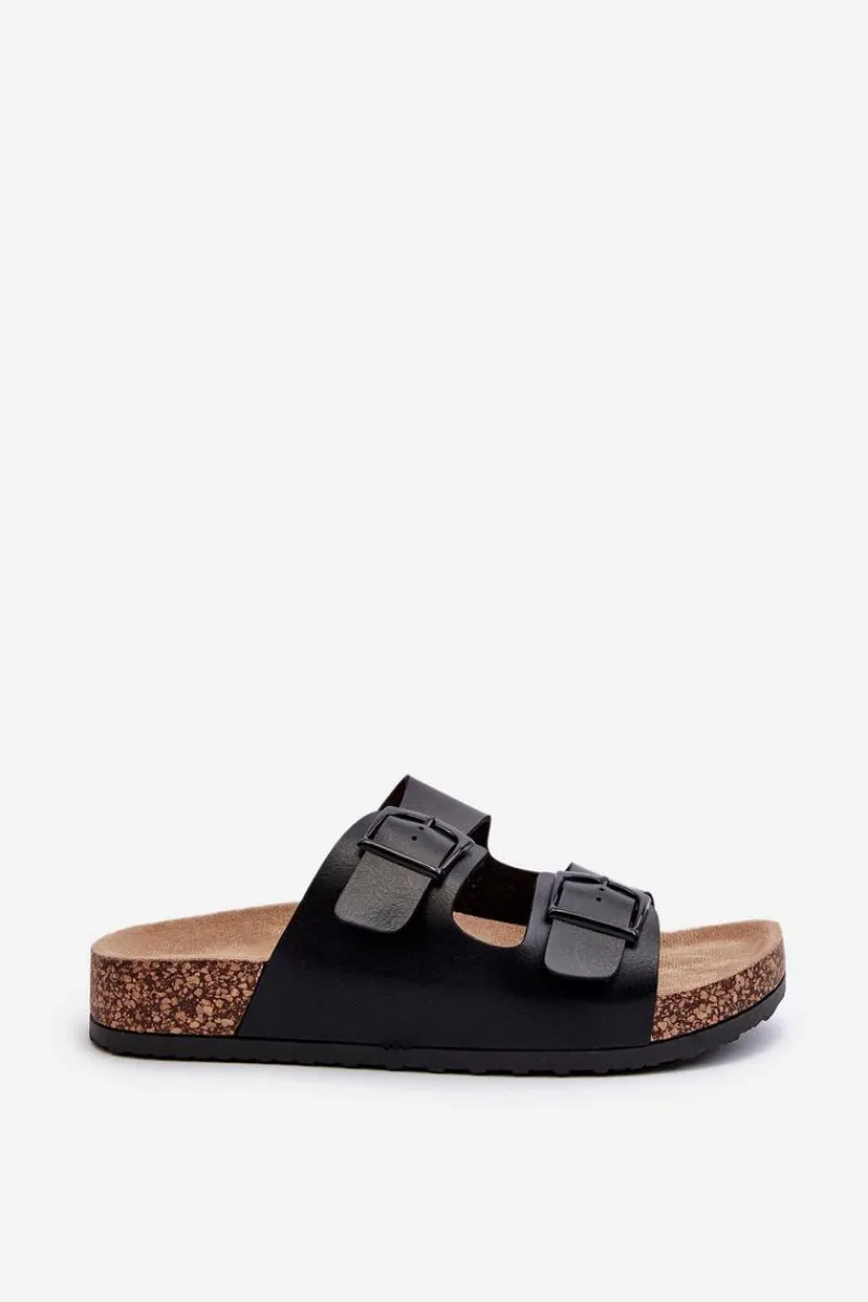 Hot Damskie Klapki Na Korkowej Platformie Z Klamrami Czarne Klinesta Damskie Klapki Korkowe|Klapki Na Platformie
