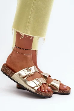 Outlet Damskie Klapki Na Korkowej Platformie Z Paskami Złote Doretta Damskie Klapki Korkowe|Klapki Na Platformie