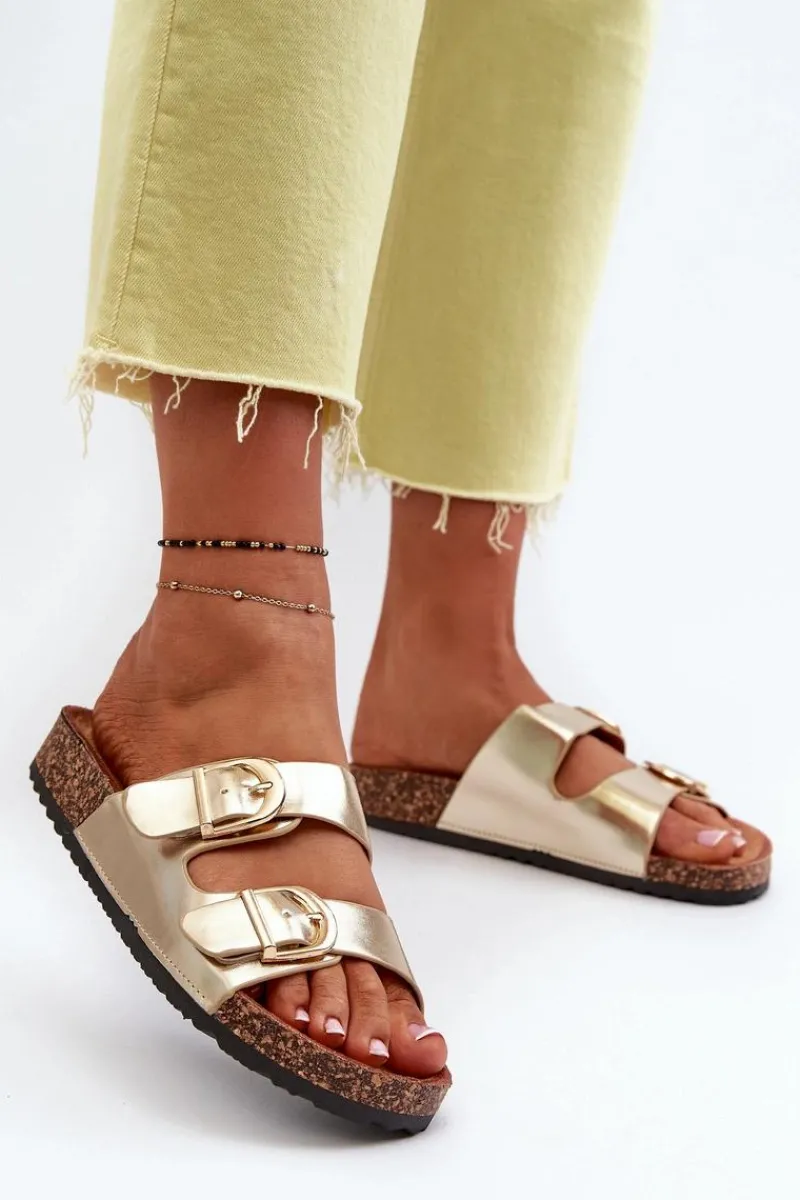 Outlet Damskie Klapki Na Korkowej Platformie Z Paskami Złote Doretta Damskie Klapki Korkowe|Klapki Na Platformie