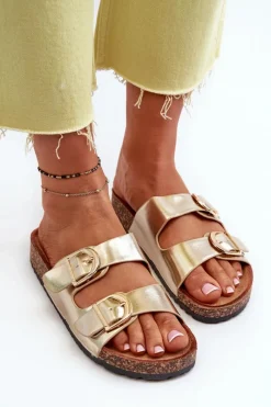 Outlet Damskie Klapki Na Korkowej Platformie Z Paskami Złote Doretta Damskie Klapki Korkowe|Klapki Na Platformie