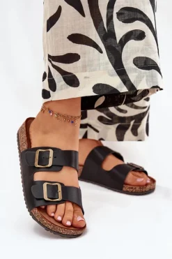 New Damskie Klapki Na Korkowej Platformie Z Klamrami Czarne Vesina Damskie Klapki Korkowe|Klapki Na Platformie