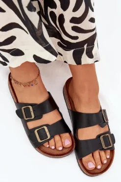 New Damskie Klapki Na Korkowej Platformie Z Klamrami Czarne Vesina Damskie Klapki Korkowe|Klapki Na Platformie