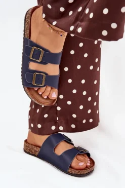 Sale Evento Damskie Klapki Na Korkowej Platformie Z Klamrami Granatowe Vesina Niebieski