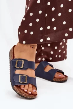 Sale Evento Damskie Klapki Na Korkowej Platformie Z Klamrami Granatowe Vesina Niebieski