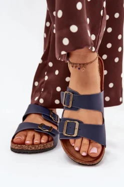 Sale Evento Damskie Klapki Na Korkowej Platformie Z Klamrami Granatowe Vesina Niebieski