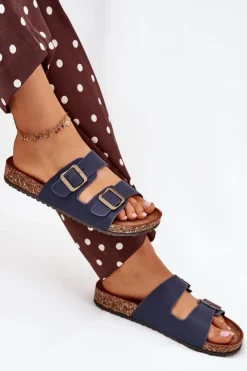 Sale Evento Damskie Klapki Na Korkowej Platformie Z Klamrami Granatowe Vesina Niebieski