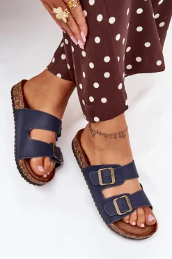 Sale Evento Damskie Klapki Na Korkowej Platformie Z Klamrami Granatowe Vesina Niebieski