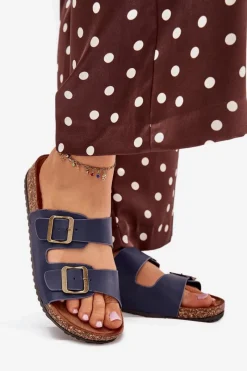 Sale Evento Damskie Klapki Na Korkowej Platformie Z Klamrami Granatowe Vesina Niebieski