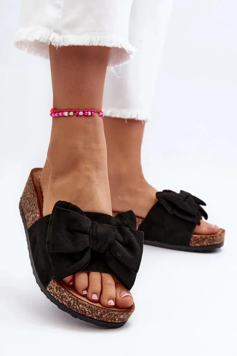 Klapki Korkowe|Klapki Damskie Klasyczne>Boto Damskie Klapki Na Korkowej Platformie Z Kokardą Czarne Tarena