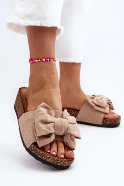 Best Boto Damskie Klapki Na Korkowej Platformie Z Kokardą Khaki Tarena