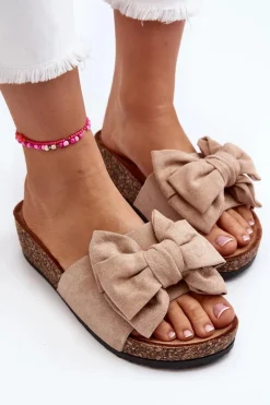 Best Boto Damskie Klapki Na Korkowej Platformie Z Kokardą Khaki Tarena