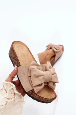 Best Boto Damskie Klapki Na Korkowej Platformie Z Kokardą Khaki Tarena