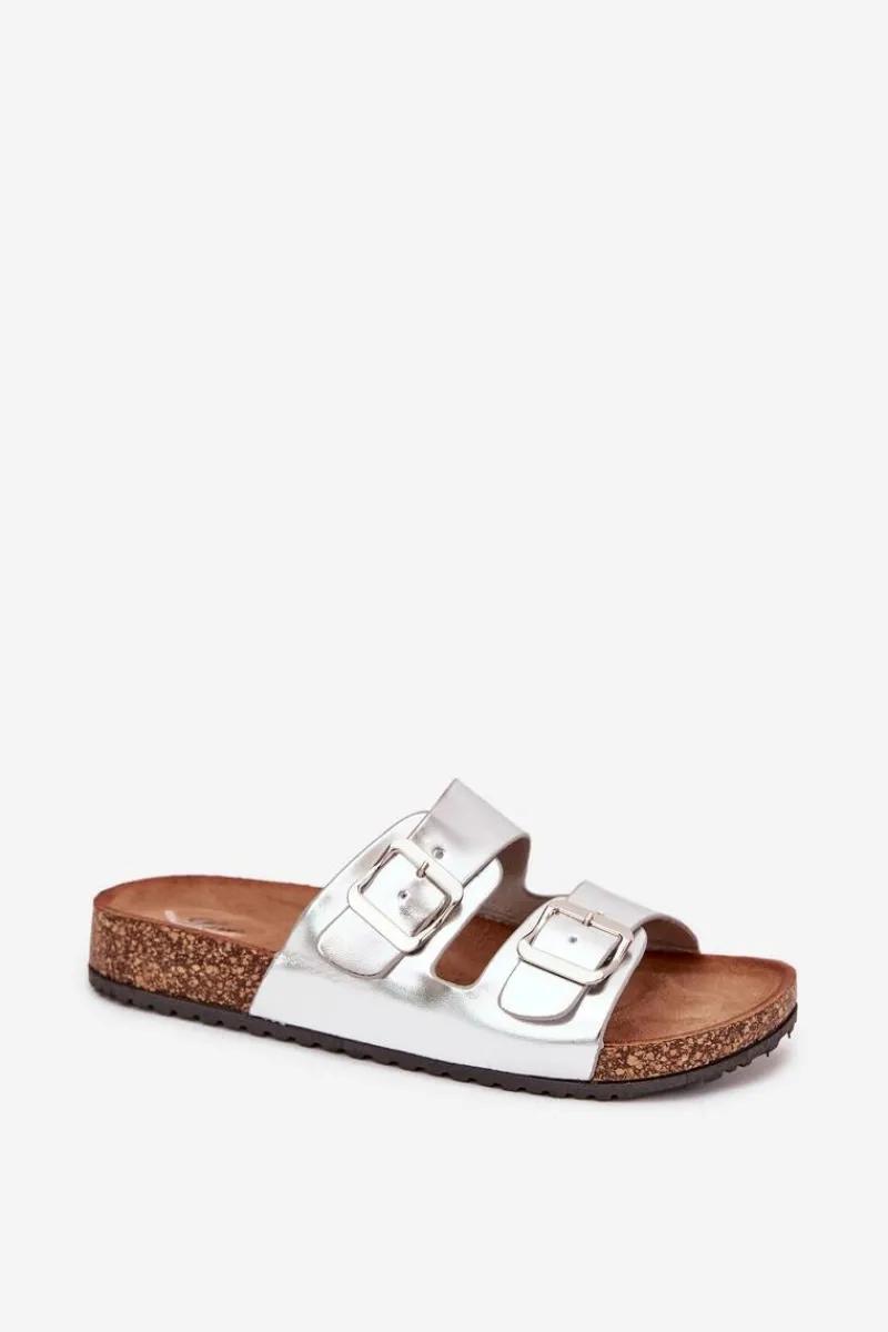 Outlet Evento Damskie Klapki Na Korkowej Platformie Z Klamrami Srebrne Vesina Srebrny