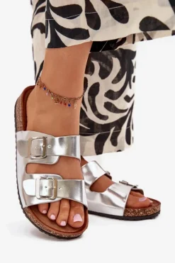 Outlet Evento Damskie Klapki Na Korkowej Platformie Z Klamrami Srebrne Vesina Srebrny