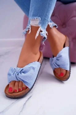 Sale Boto Damskie Klapki Na Korku Kokarda Niebieskie Randy