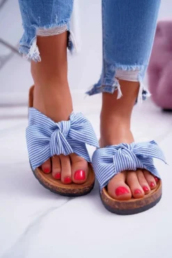 Sale Boto Damskie Klapki Na Korku Kokarda Niebieskie Randy