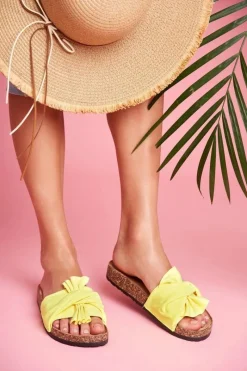 Hot Boto Damskie Klapki Na Korku Kokardki Żółty Neon Felis