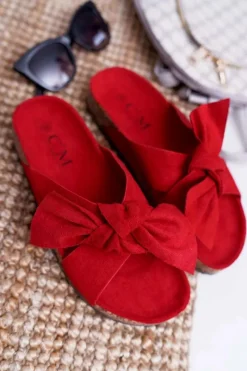 Outlet Damskie Klapki Na Korku Kokarda Czerwone Fallen Damskie Klapki Korkowe|Klapki Damskie Klasyczne