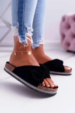 Hot Damskie Klapki Na Korku Kokarda Cyrkonie Czarne Astria Damskie Klapki Korkowe|Klapki Damskie Klasyczne