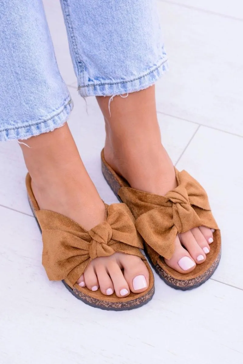 Outlet Boto Damskie Klapki Na Korku Kokarda Camel Dominica