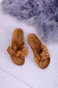 Outlet Boto Damskie Klapki Na Korku Kokarda Camel Dominica