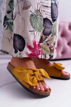 Boto Damskie Klapki Na Korku Kokarda Żółte Randy