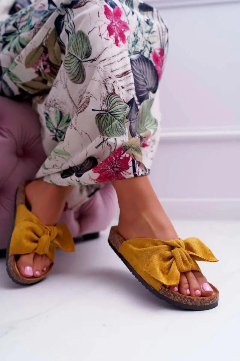 Boto Damskie Klapki Na Korku Kokarda Żółte Randy