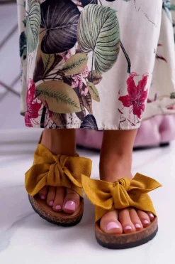 Boto Damskie Klapki Na Korku Kokarda Żółte Randy