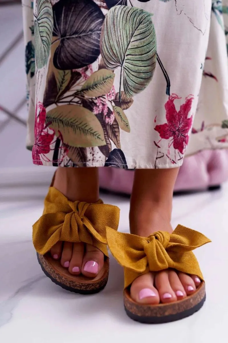 Boto Damskie Klapki Na Korku Kokarda Żółte Randy