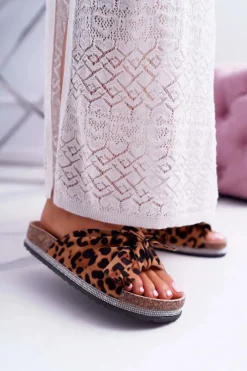 New Boto Damskie Klapki Na Korku Kokarda Cyrkonie Leopard Astria