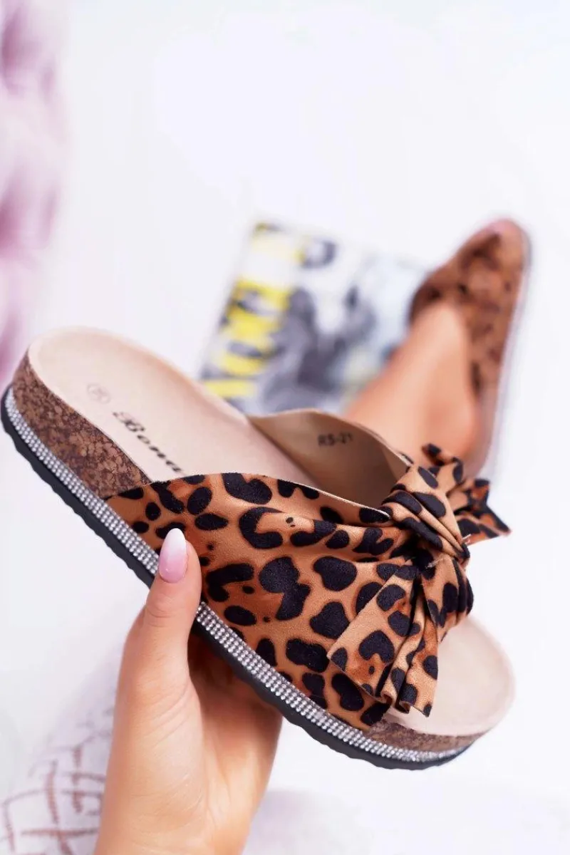 New Boto Damskie Klapki Na Korku Kokarda Cyrkonie Leopard Astria