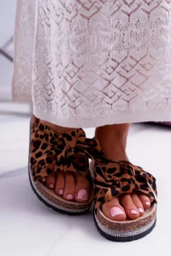 New Boto Damskie Klapki Na Korku Kokarda Cyrkonie Leopard Astria