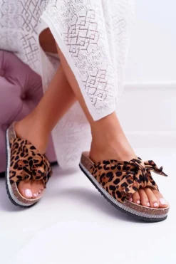 New Boto Damskie Klapki Na Korku Kokarda Cyrkonie Leopard Astria