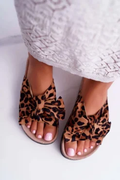 New Boto Damskie Klapki Na Korku Kokarda Cyrkonie Leopard Astria