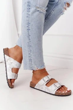 Best Evento Damskie Klapki Na Korku Z Klamrami Srebrne Vivio Szary