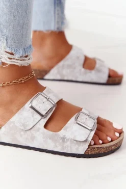 Best Evento Damskie Klapki Na Korku Z Klamrami Srebrne Vivio Szary