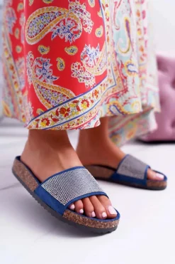 Outlet Damskie Klapki Na Korku Z Kryształkami Granatowe Do It! Damskie Klapki Korkowe|Klapki Damskie Klasyczne